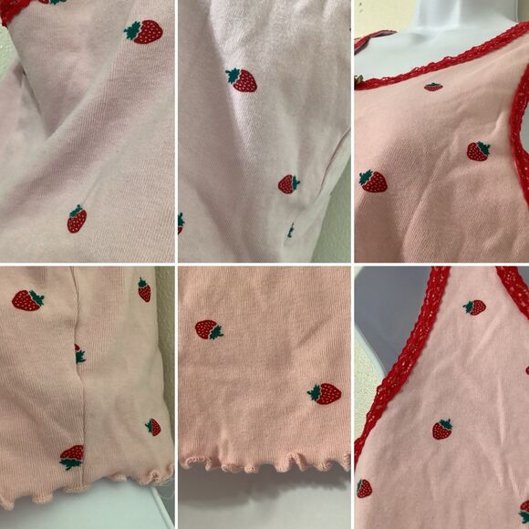 Pink Strawberry Coquette Fairy Feminine Lace Rosette Lettuce Hem Cropped Tank L - Picture 8 of 8